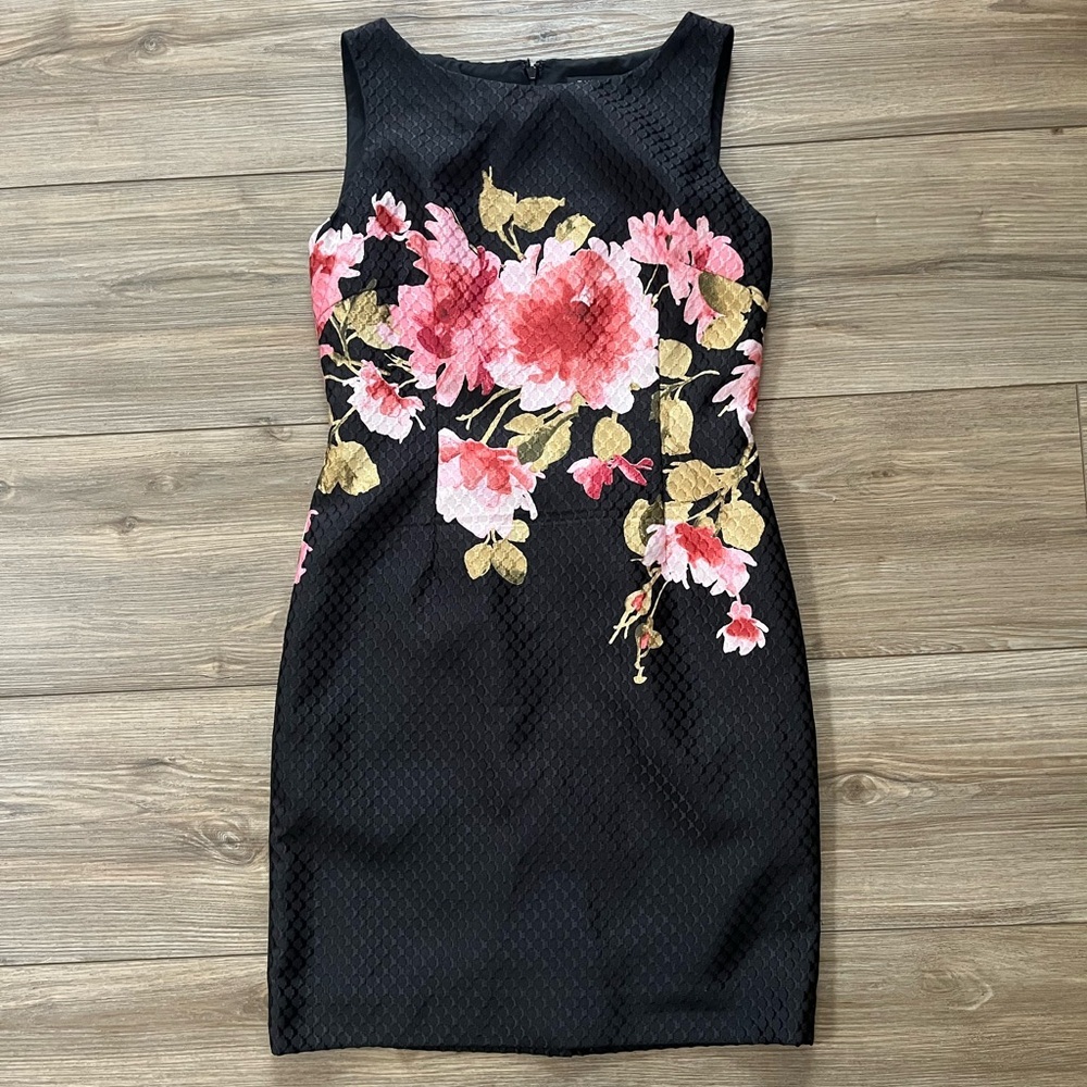 Tahari ASL Floral Black Dress 6 petite - Picture 3 of 8